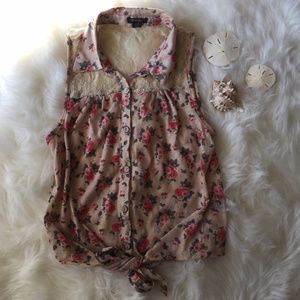 Collared Floral Print Blouse with Lace